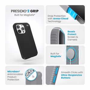 Speck Presidio2 Grip MagSafe dėklas, skirtas iPhone 15 Pro, juodas su skalūno pilkos spalvos detalėmis