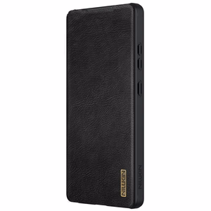 Nillkin Qin Pro dėklas telefonui Samsung Galaxy S25 Ultra su atvartu ir kameros dangteliu - Juodas