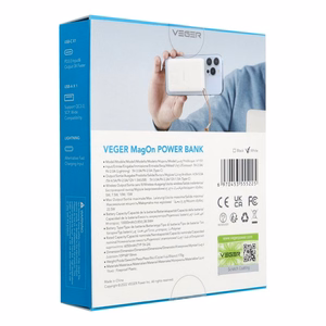 VEGER išorinė baterija 10000 mAh su belaidžiu įkrovimu, suderinama su MagSafe PD QC3.0 2A 20W MagOn (VP1151 / W1151) balta