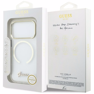 Guess IML Script Metal MagSafe Dėklas for iPhone 17 Pro - Clear