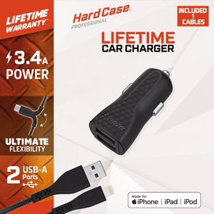 Energizer HardCase DC2CLLIM car charger, 2 × USB-A, 17 W / 3.4 A, with MFi-certified Lightning cable, black