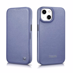 iCarer CE Premium odinis folio dėklas iPhone 14 Plus magnetinis atverčiamas odinis folio dėklas MagSafe šviesiai violetinė