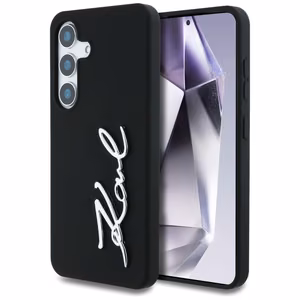 Karl Lagerfeld silikoninis metalinis parašo logotipas Samsung Galaxy S25 dėklas juodas