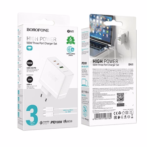Borofone sieninis įkroviklis BN11 Imperial - USB + 2xType C - QC 3.0 PD 100W su Type C į Type C kabeliu baltas