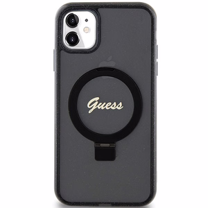 Guess Ring Stand Script Glitter Magnetinis dėklas telefonui iPhone 11 / Xr - juodas
