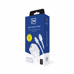 3mk Hyper Charger PD GaN 25W sieninis įkroviklis su USB-C laidu – baltas