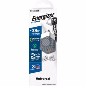 Energizer Ultimate A38QMU GaN kelioninis tinklo įkroviklis su EU / UK / US kištukais, USB-C + USB-A, 38 W PD + QC 3,0, sidabro spalvos