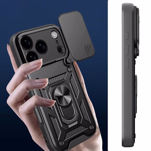 Hibridinis šarvuotas Camshield dėklas iPhone 17 Pro Max su stovu ir kameros dangteliu - juodas