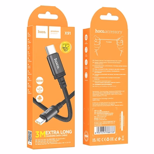 Kabelis USB-C į USB-C Hoco 3A 60W 3 m X91 juodas
