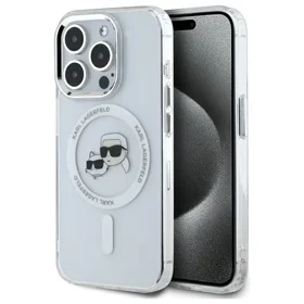 Karl Lagerfeld IML Metalinė Karl&Choupette galva MagSafe dėklas iPhone 15 Pro - baltas