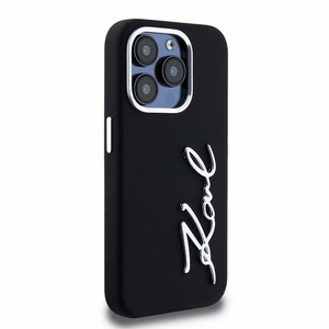 Karl Lagerfeld silikoninis metalinis scenarijaus logotipas dėklas telefonui iPhone 15 Pro Max - juodas