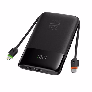 FORCELL F-ENERGY F10K6 Multicharge išorinė baterija su integruotais USB-C ir Lightning laidais, PD, QC3.0, 3 A, 22,5 W, 10000 mAh, juoda