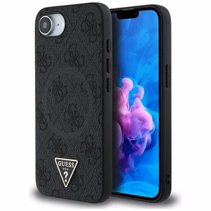 Guess 4G žiedinis trikampio logotipo MagSafe dėklas iPhone 16e telefonui – juodas