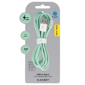 Blavec Kabelis Candy pintas - USB į Type C - PD 60W 3A 2 metrai Apple CarPlay/Android Auto (CCA-UC3GN20) žalias