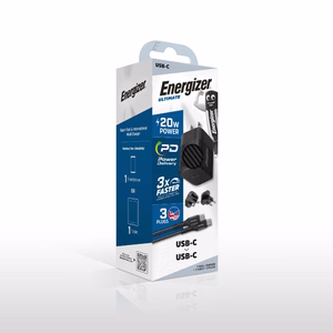 Energizer Ultimate A20MUC GaN kelioninis tinklo įkroviklis su EU / UK / US kištukais, USB-C, 20 W PD, su USB-C laidu, juodas