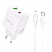Borofone sieninis įkroviklis BN30 Cargador GaN - USB + Type C - QC 3.0 PD 45W su Type C į Type C kabeliu baltas