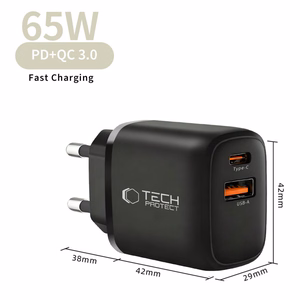 Tech-Protect NCA65W-GAN PD 65 W / QC3.0 2 jungčių sieninis įkroviklis, juodas