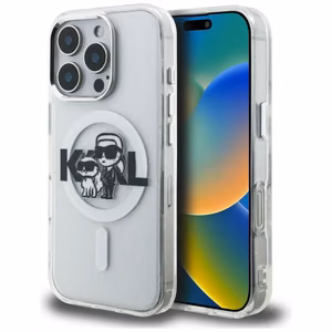 Karl Lagerfeld IML Glitter Karl & Choupette Sketch Logo MagSafe dėklas iPhone 16 Pro Max - skaidrus
