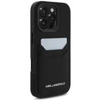 Karl Lagerfeld HC Grūdinto PU dėklas su kortelių skyriumi ir metaliniu Elong iPhone 16 Pro - juodas