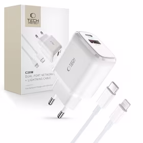 Tech-Protect C20W USB-C PD 20W / USB-A QC 3.0 įkroviklis su USB-C / Lightning kabeliu - baltas