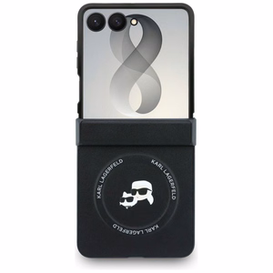 Juodas „Karl Lagerfeld Karl & Choupette Pins MagSafe“ dėklas, skirtas „Samsung Galaxy Z Flip8“