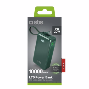 Išorinė baterija SBS 10000 mAh 20W su įmontuotu USB-C kabeliu ir skaitmenine indikacija - žalia