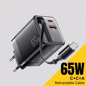Įkroviklis Essager Scope juodas 65W (1xPD / 1xQC3.0) + integruotas Type-C laidas