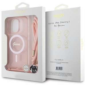 Guess Crossbody Cord Script Magnetinis dėklas iPhone 16 Pro - rožinis