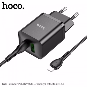 Įkroviklis Hoco N28 juodas (PD20W / QC3.0) + Type-C / Lightning 100cm laidas