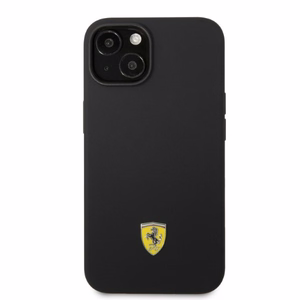 Ferrari FEHMSIP14MBK iPhone 14 Plus 6.7" juoda/juoda kietas dėklas silikoninis metalinis logotipas Magsafe