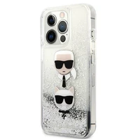 Karl Lagerfeld Skystas Glitter Karl&Choupette Galvos dėklas iPhone 13 Pro Max - sidabrinis