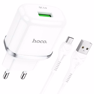 Telefono įkroviklis Hoco USB A QC3.0 3A 18W + kabelis USB A į Micro USB N3 baltas