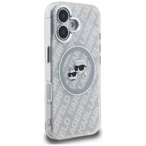 Karl Lagerfeld IML Glitter Karl & Choupette Heads Logo MagSafe dėklas iPhone 16 - pilkas