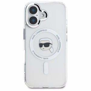 Karl Lagerfeld IML Metal Karl Head Magnetinis dėklas iPhone 16 Plus - baltas