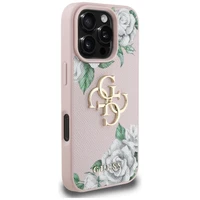 Guess Grained Roses Big 4G logo dėklas telefonui iPhone 16 Pro - rožinis