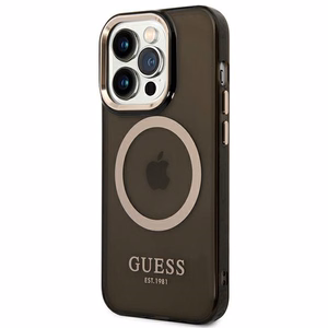 Guess GUHMP14XHTCMK iPhone 14 Pro Max 6.7" juodas/juodas kietas dėklas Auksinis kontūras Pusiau permatomas Magnetinis