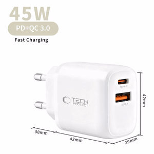"Tech-Protect" NCA45W-GAN 2 prievadų 45 W sieninis įkroviklis su USB-C kabeliu - baltas