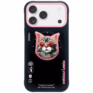 Nimmy Glasses Cool Cat magnetinis dėklas telefonui iPhone 17 Pro - juodas ir rožinis