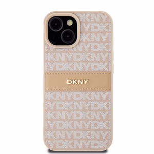 DKNY Odinis mono juosta ir metalinis logotipas dėklas telefonui iPhone 15 Plus / 14 Plus - rožinis