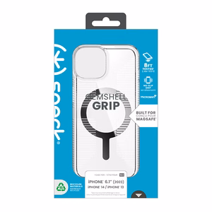 Speck GemShell Grip MagSafe dėklas, skirtas iPhone 17e / 16e / 15 / 14 / 13, skaidrus, chromo apdaila