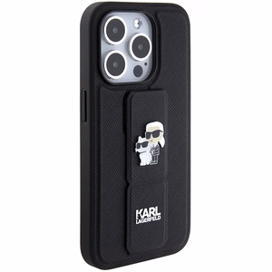 Karl Lagerfeld dėklas telefonui su stovu Gripstand Saffiano Karl&Choupette Pins iPhone 15 Pro - juodas