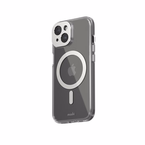 Moshi iGlaze MagSafe dėklas, skirtas iPhone 15, skaidrus su „Luna Silver“ spalvos detalėmis