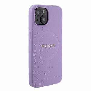 Guess Saffiano magnetinis dėklas telefonui iPhone 15 Plus - violetinis