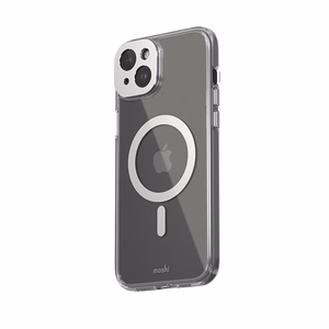 Moshi iGlaze MagSafe dėklas, skirtas iPhone 15 Plus, skaidrus su „Luna Silver“ spalvos detalėmis