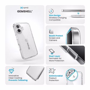 Skaidrus Speck GemShell dėklas, skirtas iPhone 16