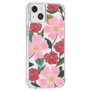 Rifle Paper Clear dėklas, skirtas iPhone 14 Plus, su aukso spalvos dekoru, „Rose Garden“ rašto