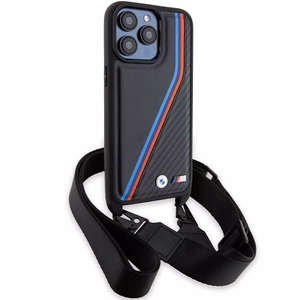 BMW M Edition anglies trispalvės linijos ir dirželis dėklas telefonui iPhone 15 Pro Max - juodas