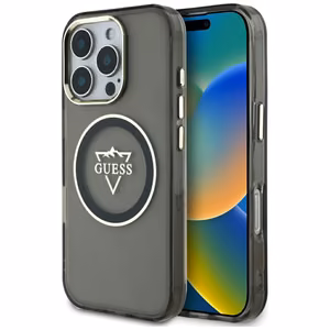 Guess IML Metal Mountain Logo Magnetinis iPhone 16 Pro Max dėklas - juodas