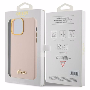 Guess silikoninis dėklas telefonui su metaliniu logotipu ir rėmeliu iPhone 15 Pro Max - rožinis