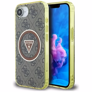 Оригинальный чехол GUESS IML Metal Glitter 4G Circle Triangle MagSafe для iPhone 17e/16e коричневый
